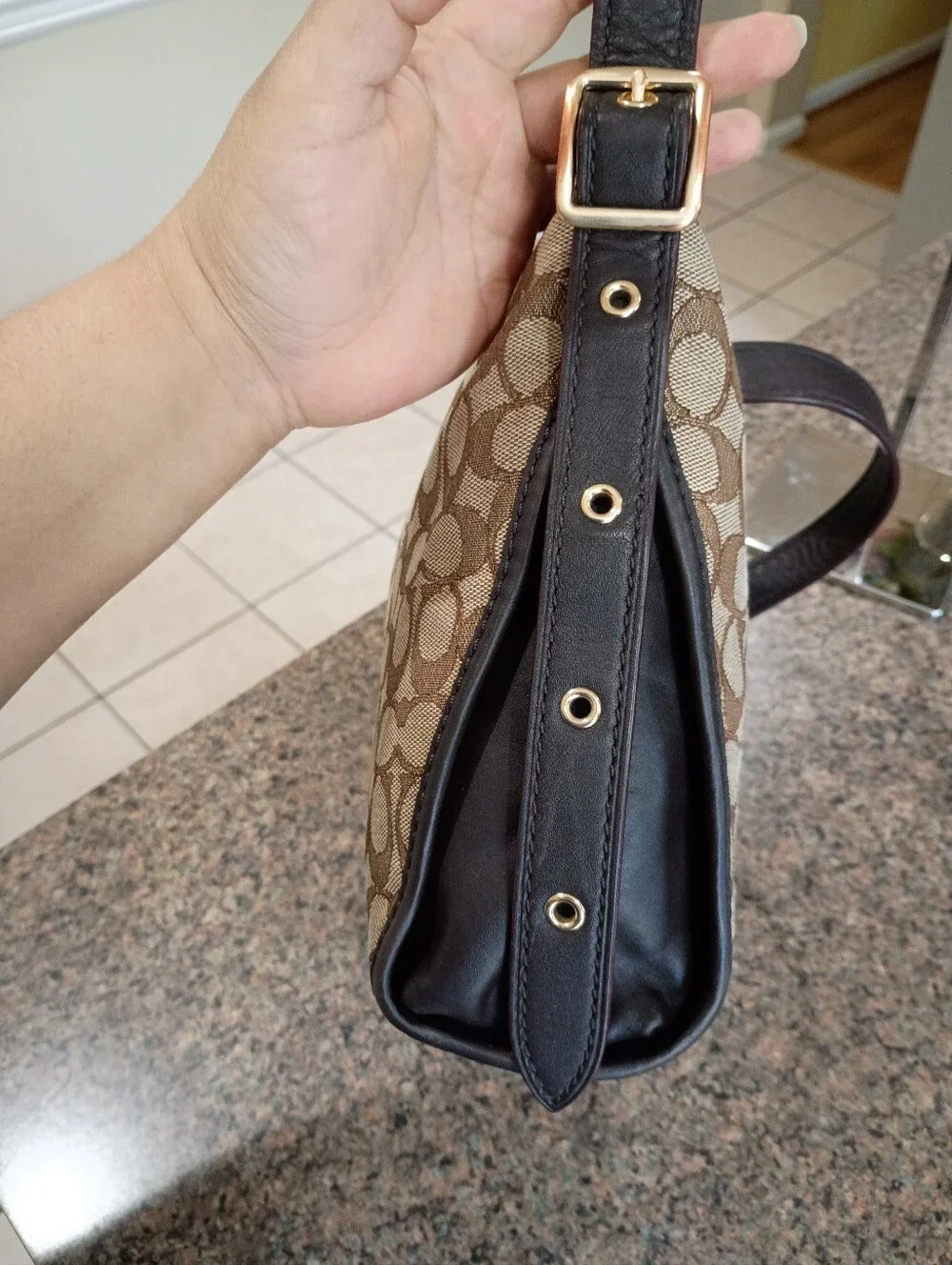 Coach Khaki and Brown Signature Canvas Shoulder Bag